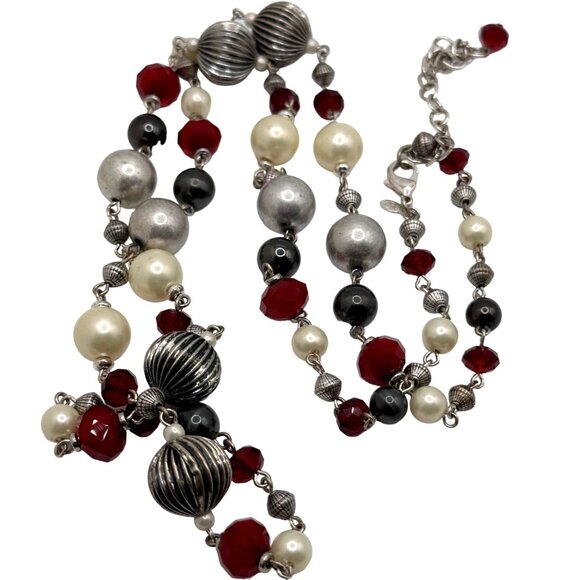 Premier Designs Vintage Bead Necklace Signed Red Black White Silver Tone 36” - Picture 3 of 7